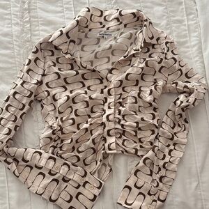 Reformation Kendall Silk Blouse: Cream and Brown Geometric Shirt